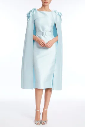 Azure Cape Style With Floral Applique Midi Dress