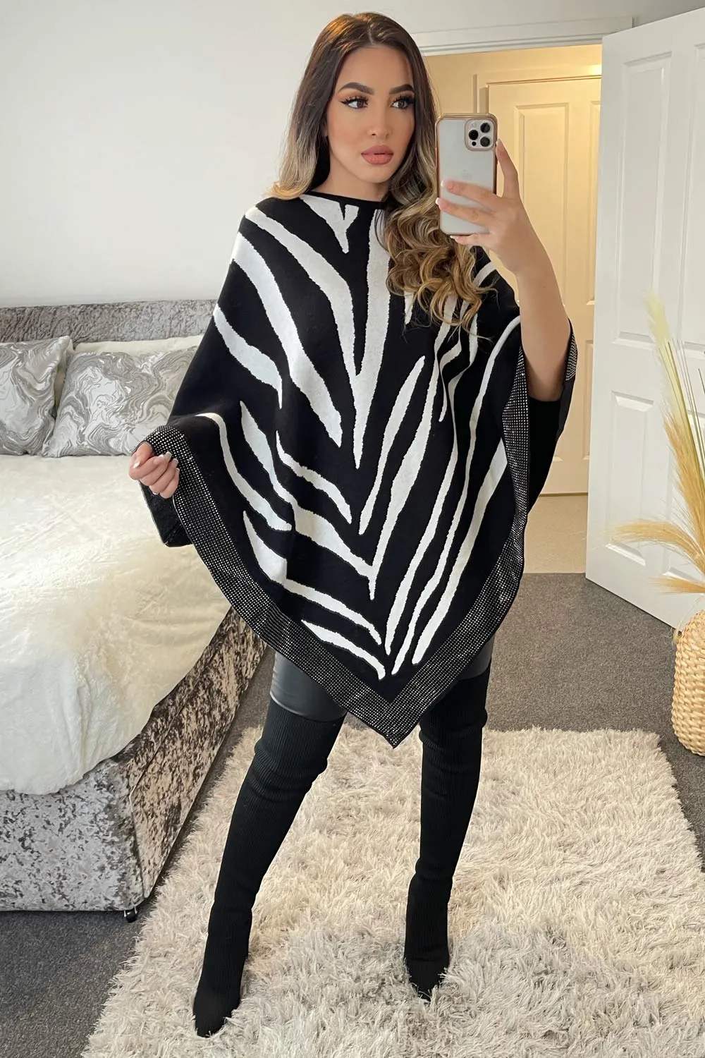 Dakota Black and White Zebra Print Diamante Trim Cape