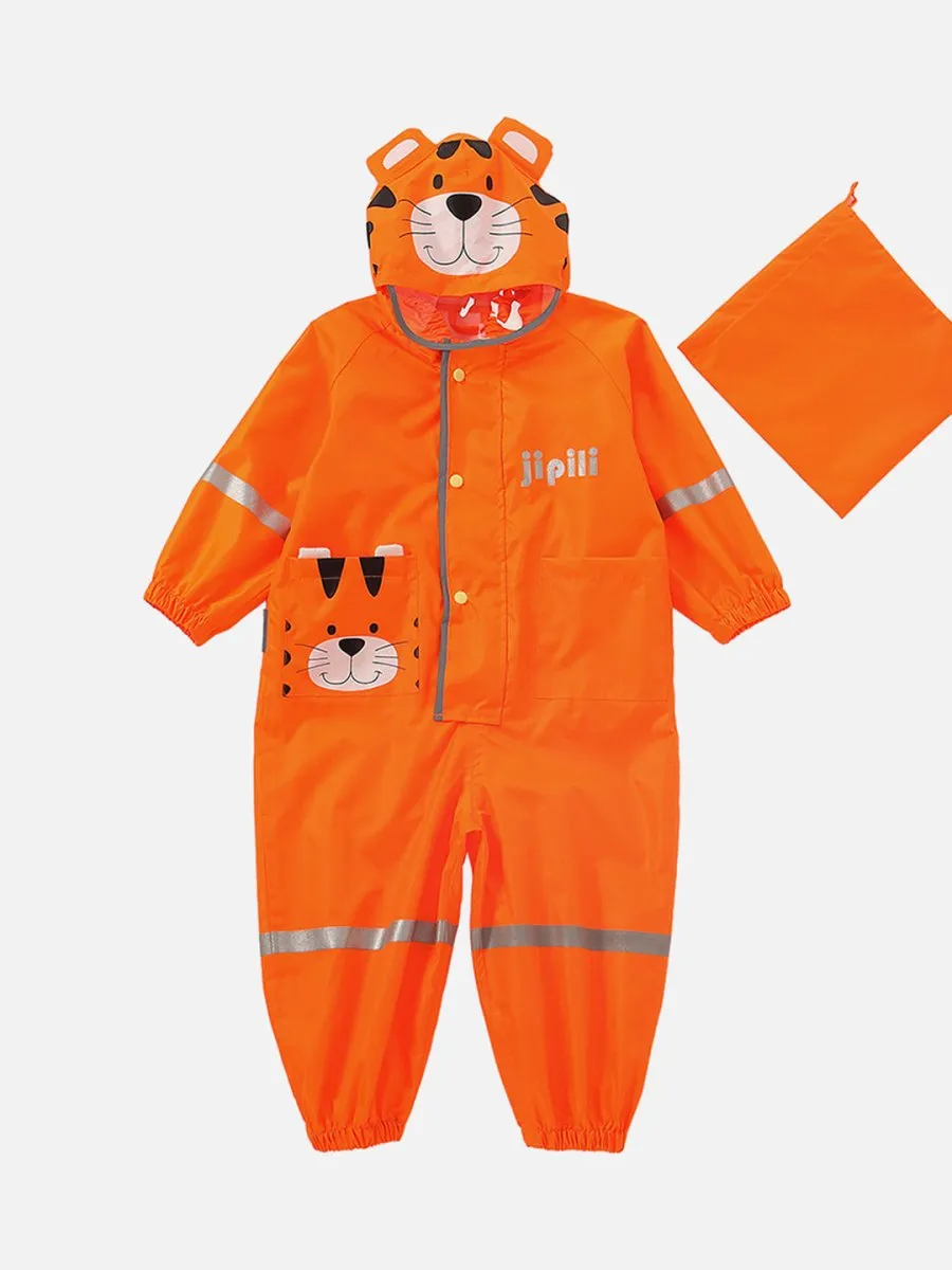 Little Surprise Box Bright Orange Roaring Tiger Theme All Over Jumpsuit / Playsuit Raincoat for Kids