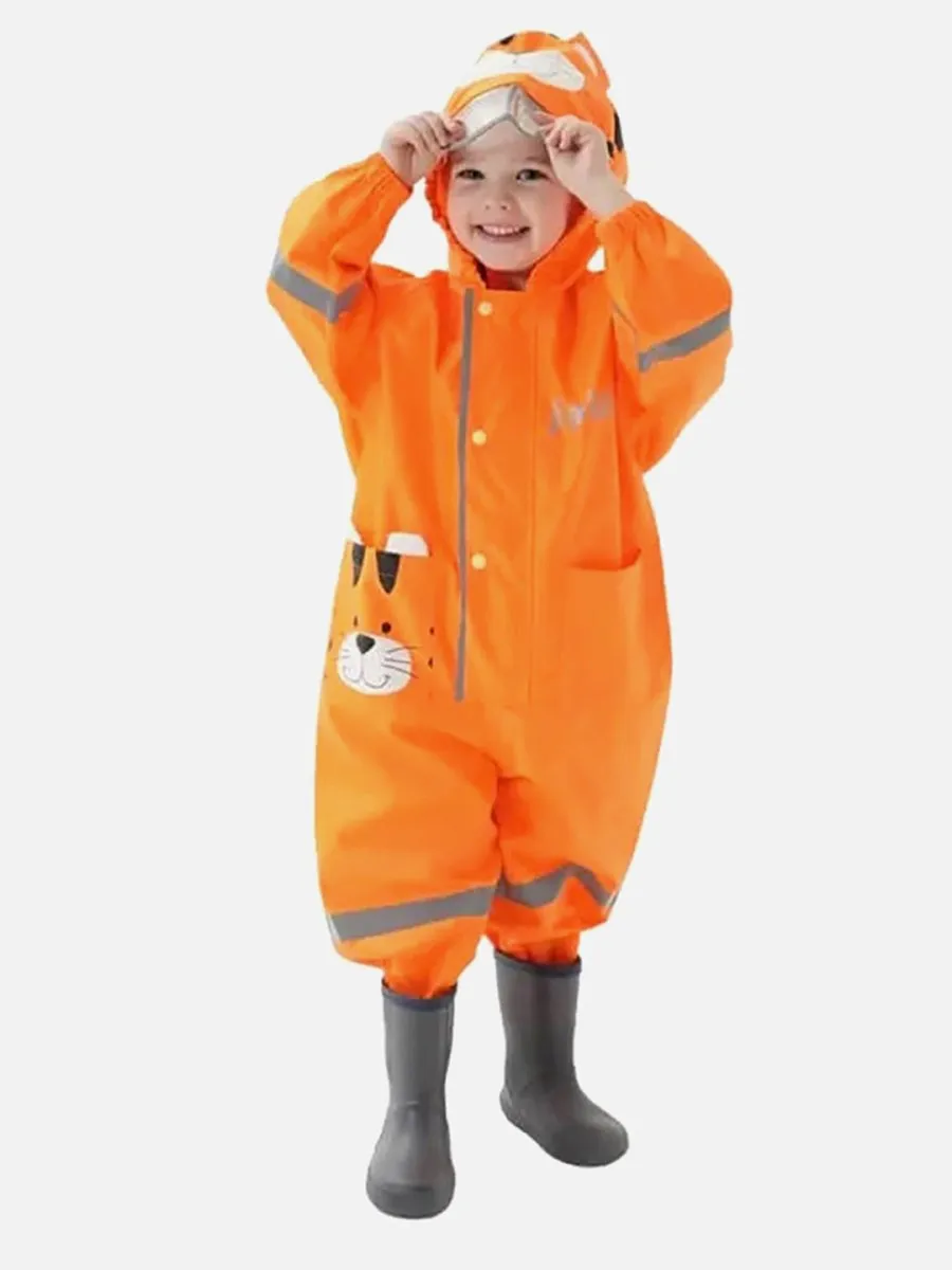 Little Surprise Box Bright Orange Roaring Tiger Theme All Over Jumpsuit / Playsuit Raincoat for Kids