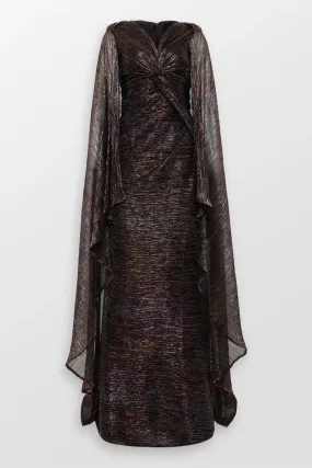 Mystery Voile Metallic Cape Evening Gown